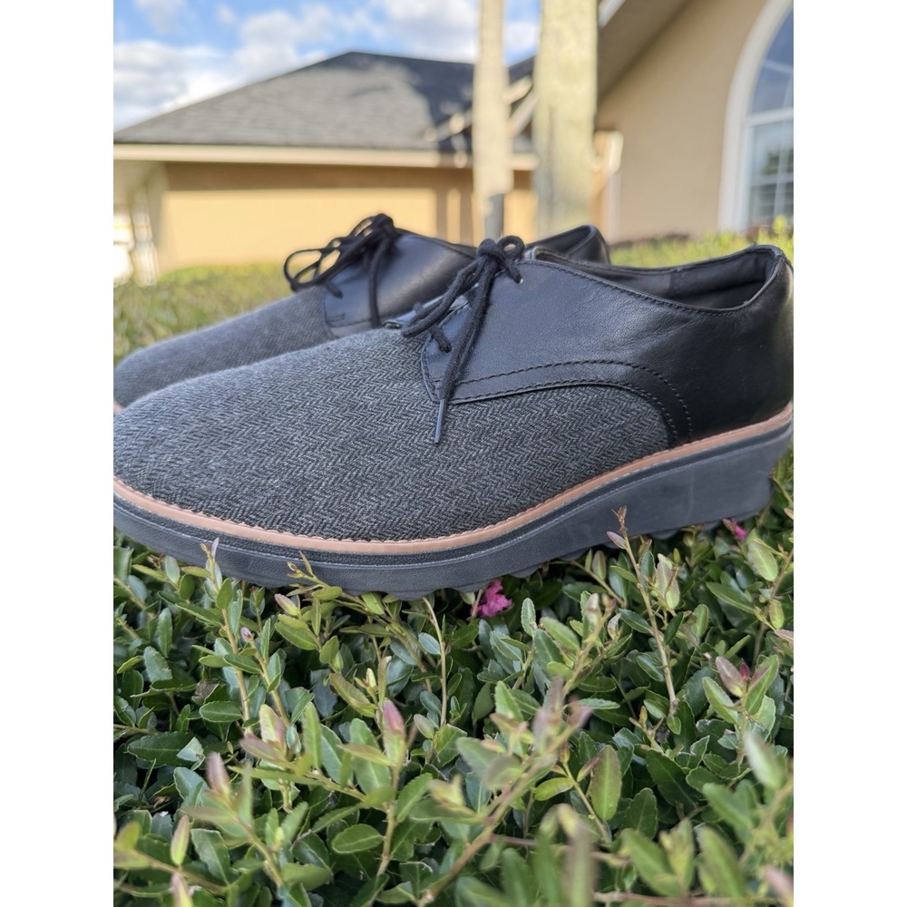 Clarks Sharon Rae 26175417 Black Leather/Tweed Canvas Lace Up Oxford Flats Shoes